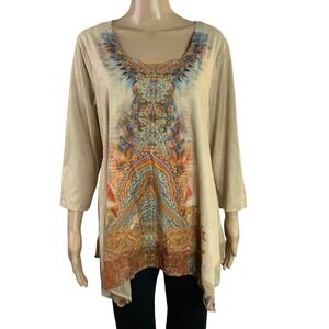 One World Womens Size Large Top Faux Suede Boho Napkin Style Hem Lightweight